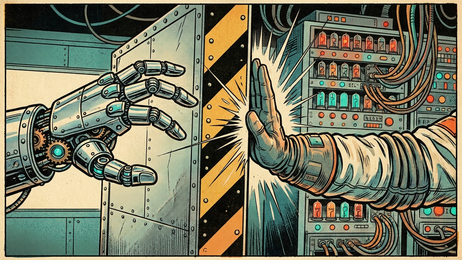 Retro-futuristic comic panel of a robot hand reaching toward network equipment, stopped at a hazard-striped boundary wall by a human hand raised in a stop gesture