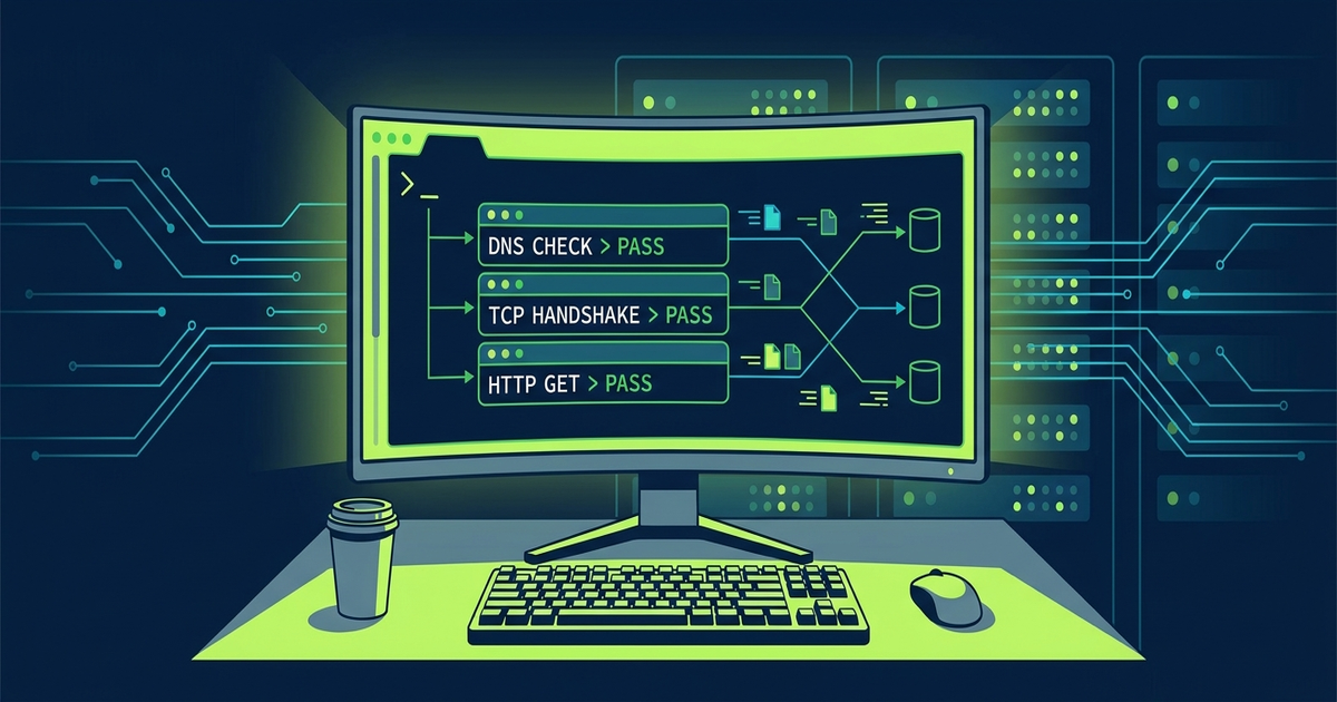 Network triage workflow showing DNS, TCP, and HTTP layered checks