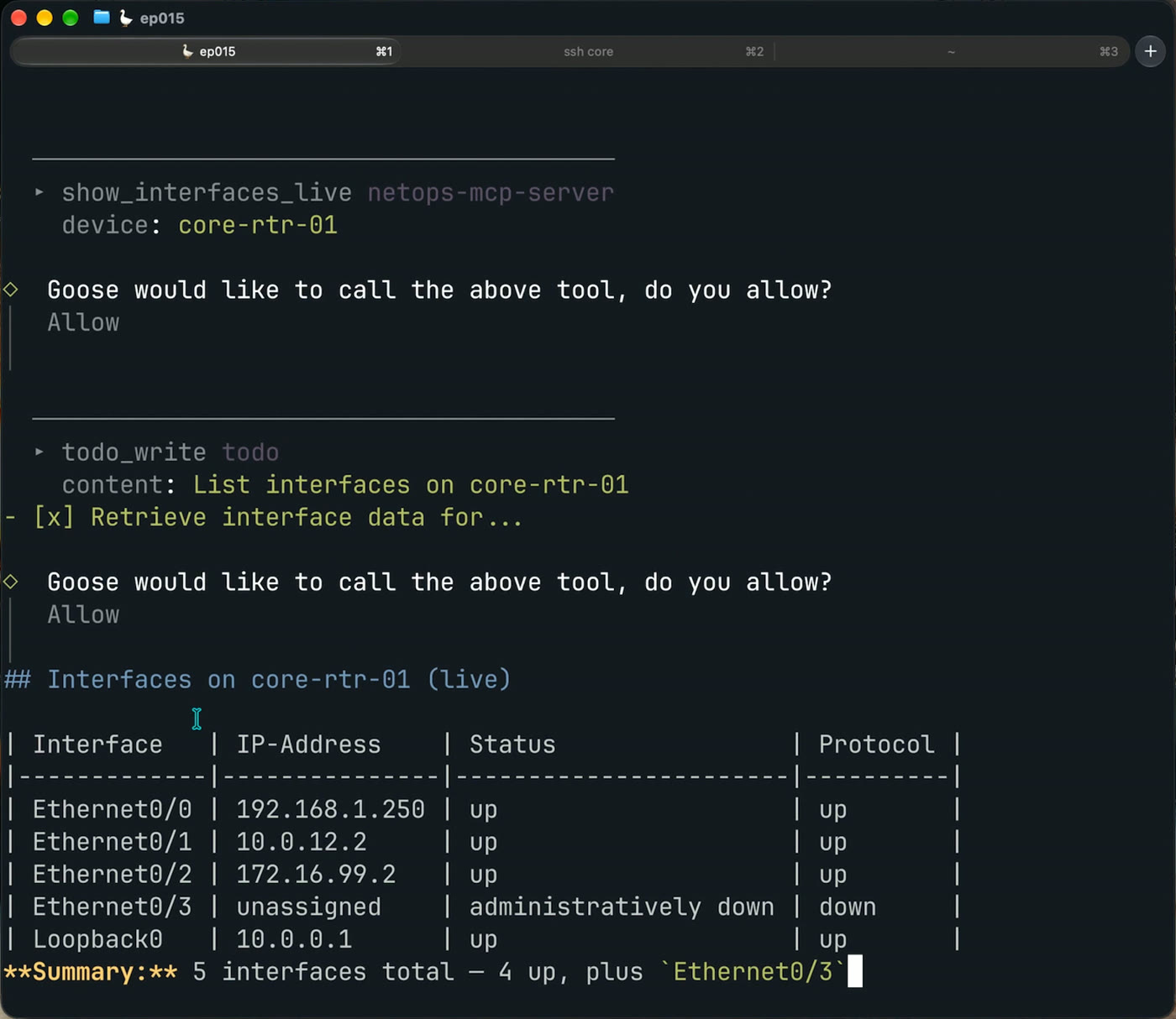 Goose asking for approval on each tool call, then returning the live interface table for core-rtr-01