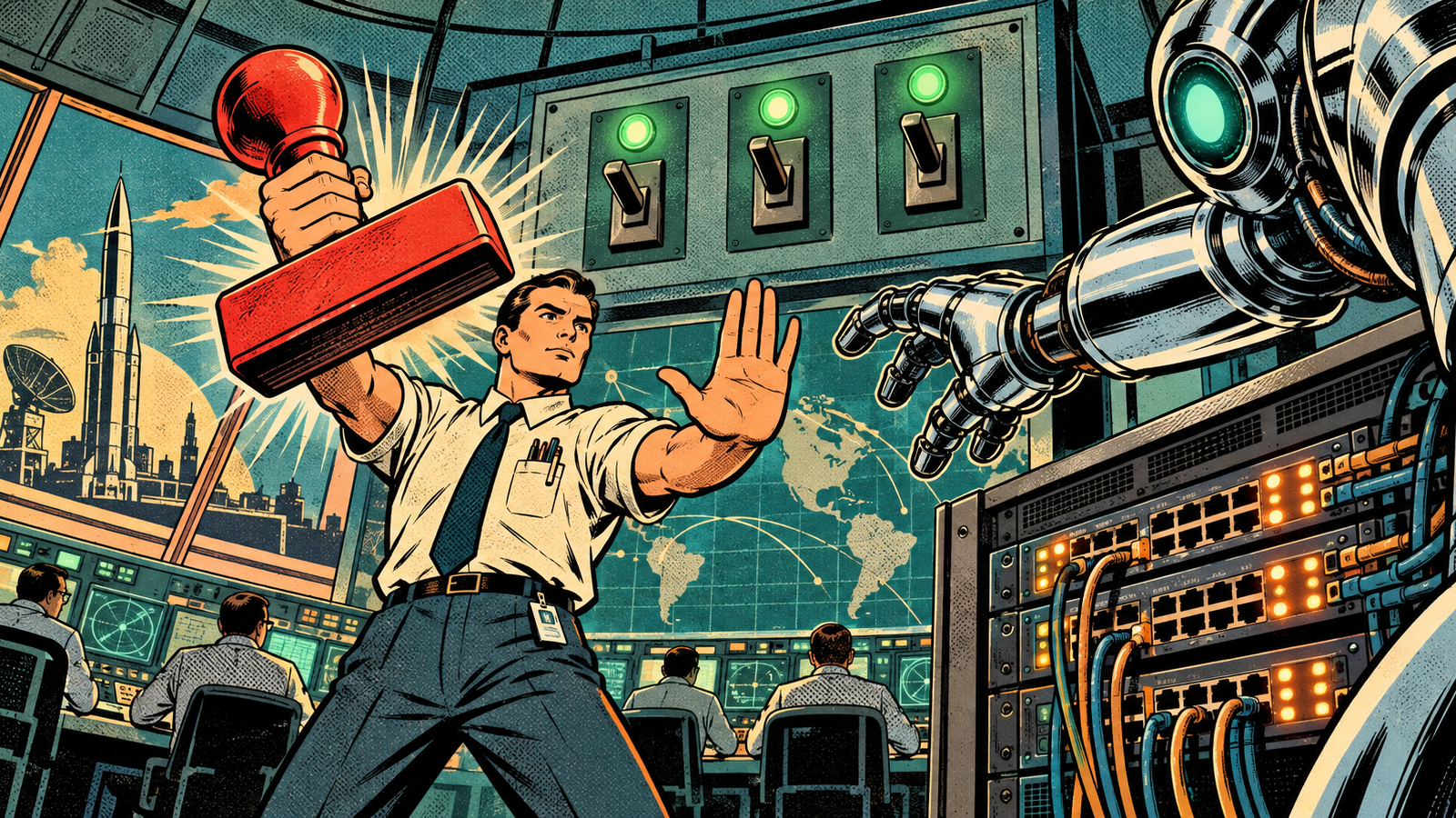 Retro-futuristic comic panel of a network engineer in mission control raising a giant red approval stamp and a stop hand as a chrome robot arm reaches for a glowing router rack