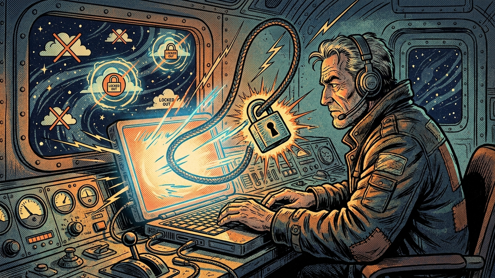 Retro-futuristic comic panel of a network engineer at a glowing laptop, a padlocked cable looping back into the machine while cloud icons stay locked outside the window