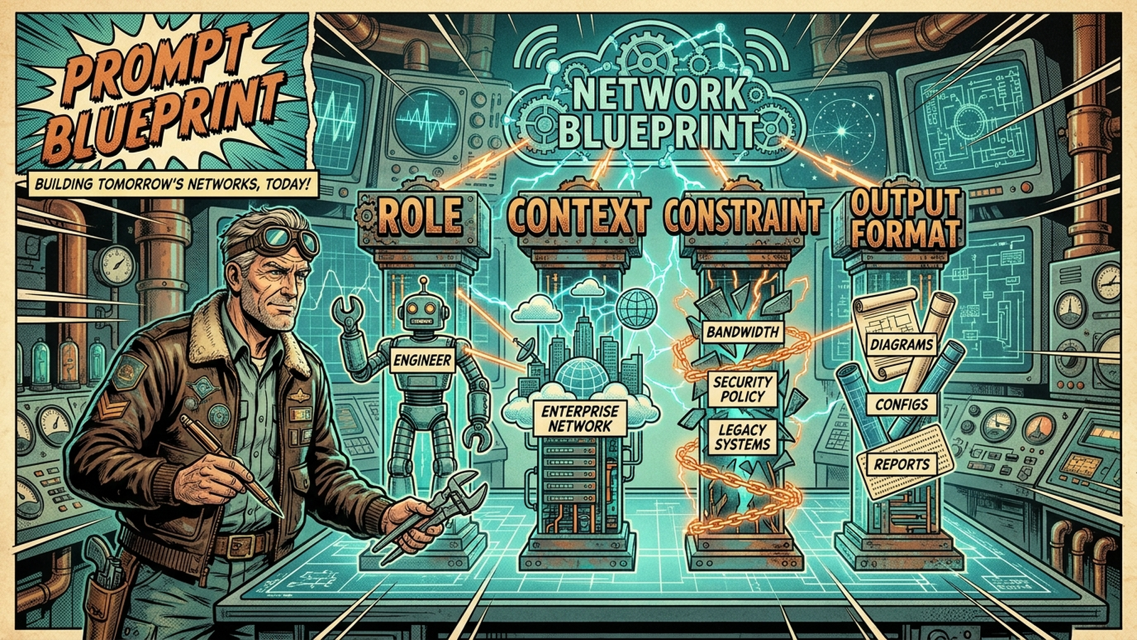 Retro-futuristic comic illustration of a network engineer studying a Prompt Blueprint, with four glowing pillars labeled Role, Context, Constraint, and Output Format. Stylized network devices and diagrams are constructed above the pillars.