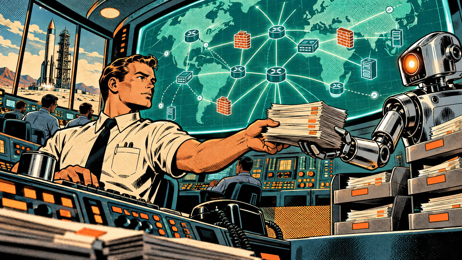 Retro-futuristic comic panel of a network engineer at a mission-control console handing a stack of tickets to a chrome robot arm while he studies a glowing network map